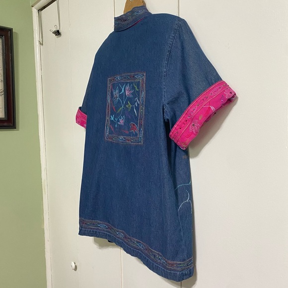 COUNTRY WEAR Vintage Denim Beaded Short Sleeve Shacket Pink Floral Large Petite - Picture 8 of 16